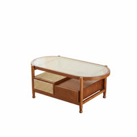 two-level Oval Glass and Rattan Stand Nordic Design Coffee Table Space-Saving Rounded Edges for Living Room, Lounge Area, Office