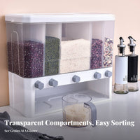 Large Capacity Press-to-Dispense Rice Container Push Button Dispensing Multi-Compartment Grain Dispenser Transparent Design for Pantry