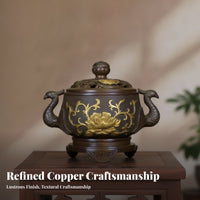 Lidded Copper Scent Burner Raised Base Mythical Bird Scent Burner Side Handles