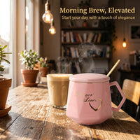 Large Coffee Mug with Lid and Spoon, Ceramic Tea for Couples Anniversary Gift, Desk with Heat Resistant Single Layer Cup