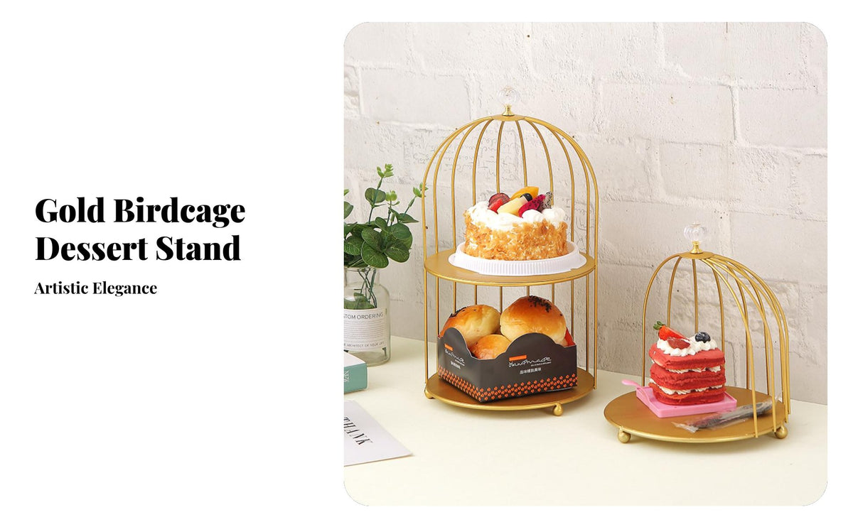 Iron Art Double-Tier Gold Birdcage Dessert Stand, Cake Tray, Pastry Display, Tea Decor