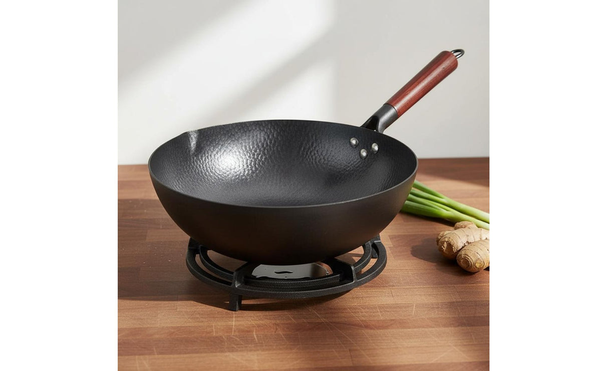 Even Heat Distribution Hand-Hammered Iron Wok Naturally Non-Stick Hand Hammered Carbon Steel Wok Long-Lasting Cookware Multi-Stovetop Compatible for Kitchen