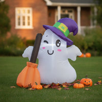 Illuminated Inflatable Ghost Yard Ghost with Witch Hat Cute Outdoor Decoration Built-in LED