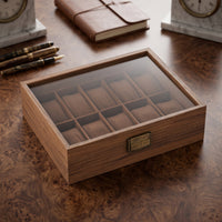 Walnut Watch Box with Glass Lid 10-Slot Watch Display Box Clear Storage Holder Sturdy for Dresser