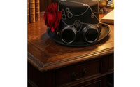 Black Steampunk Top Hat Silver-Tone Chain Top Hat with Goggles Wide Brim