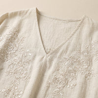 Long Sleeve Tops for Women with Embroidered Floral V-Neck Design, Linen Blend Blouse for Casual Everyday Wear and Going Out, Back Tie Detail