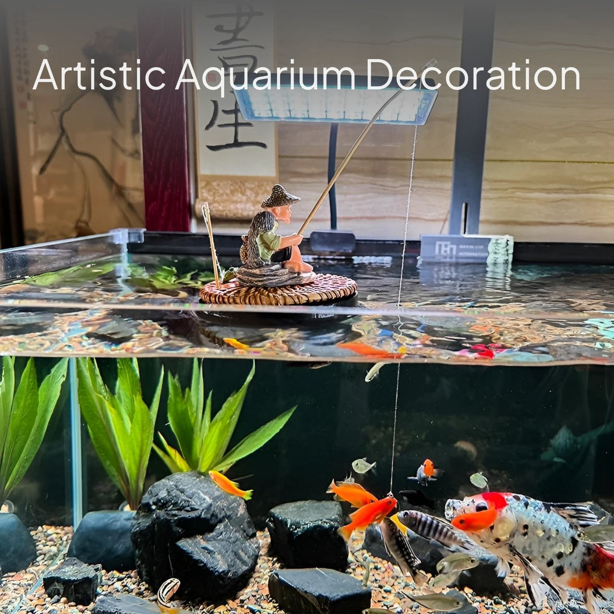 Floating Fisherman Aquarium Decor with Feeder Base
