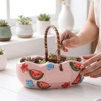 Plant Pots and Strawberry Planter for Garden Decor, Ceramic Flower Pots with Handle for Home Office, Rustic Handmade Bonsai Pot, Outdoor Planter