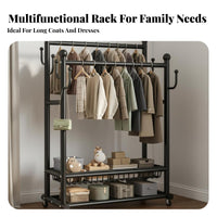 Multi-Functional Double Rod Garment Rack Heavy Duty Rolling Clothes Rack Mobile Coat Stand for Homeowners, Students, Retailers, Bedroom, Balcony, Laundry Room, Entryway
