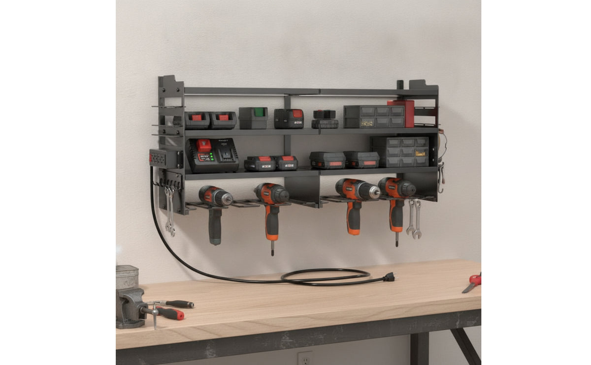 Heavy-Duty Power Tool Organizer with Power Strip Space-Saving Drill Holder with Charging Station Allall-in-One for Mechanics, Workshop