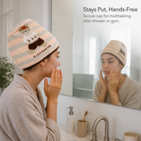 Cartoon Coral Fleece Hair Drying Towel with Embroidery, Super Absorbent Quick Dry Turban