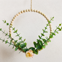 Wooden Bead Wreath Spring Door Wreath, Pastoral Decorative Wreath for Front Door, 22x30cm Bow Wreath with Artificial Flowers, Country House Style