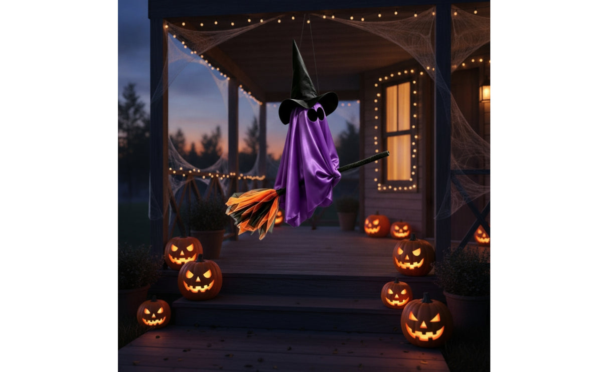Spooky Witch Ghost with Flying Stick Lightweight Hanging Witch Ghost Draped Halloween Decor Suspended for Porch, Window, Yard, Tree