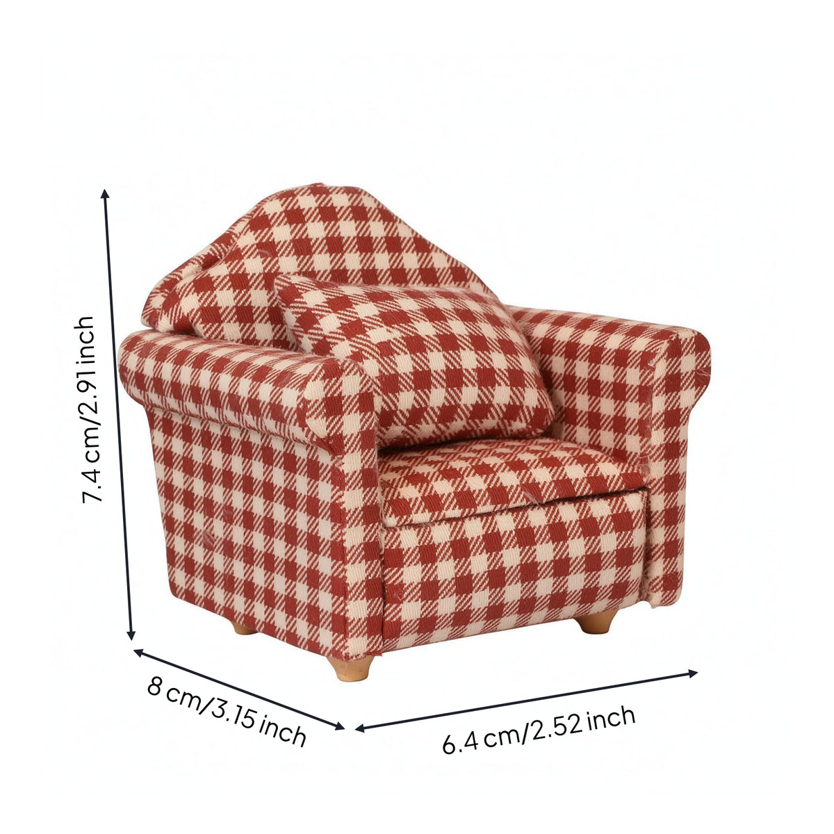 Padded Armrests 1:12 Dollhouse Sofa Wood and Textile Checkered Upholstered Sofa Cushioned Dollhouse Couch Rounded Back