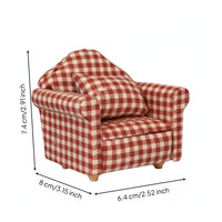Padded Armrests 1:12 Dollhouse Sofa Wood and Textile Checkered Upholstered Sofa Cushioned Dollhouse Couch Rounded Back