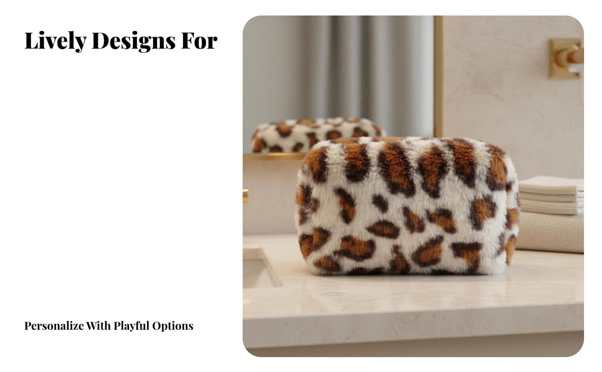 Leopard Print Makeup Bag Portable Soft Leopard Print Pouch Large Capacity Soft Pile Material Cosmetic Pouch for Women, Teens, School
