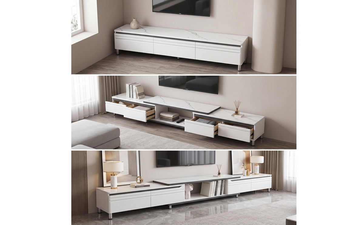 Marble-Texture Extendable TV Stand Modern TV Cabinet with Drawers Low-Height Media Console with Shelves Floor-Standing for Living Room, Small Apartments