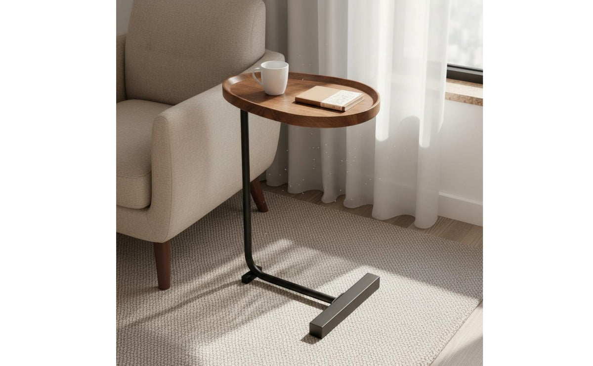 Narrow Bedside Firm Table Frame C-Shaped Side Table Space Saving Home Furniture for Bedroom, Living Room, Small Areas