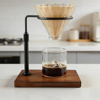 Aluminum Alloy Frame Adjustable Height Coffee Dripper Stand Nordic Aesthetic Adjustable Coffee Dripper Station Minimalist Design Wood Base Pour-over Station Heavy Duty Stability for Baristas, Home Kitchen, Office, Outdoor