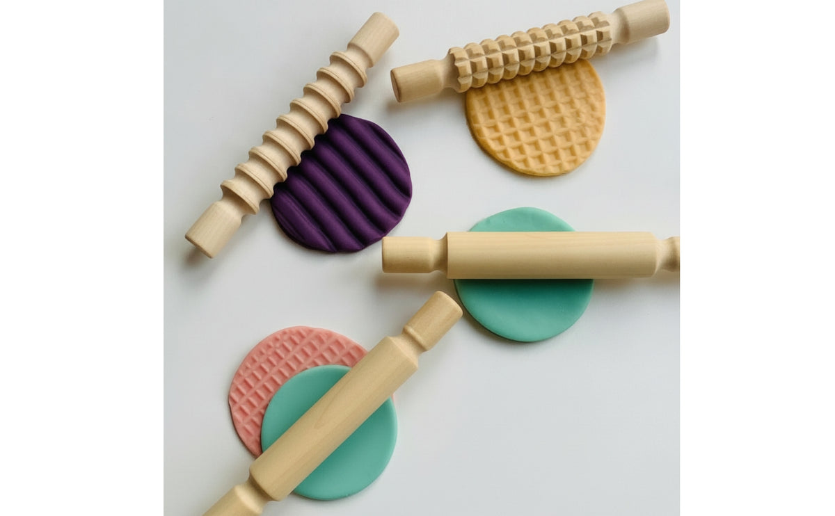 4 Pieces Wooden Texture Roller Set Textured Clay Roller with Textures Carved Tool Long-Lasting for Potters, Beginners, Children, Classroom Crafts, Sensory Play