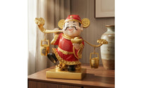 Wealth Ornament Red and Gold Finish Fortune God Figurine Stable Base Home Decor