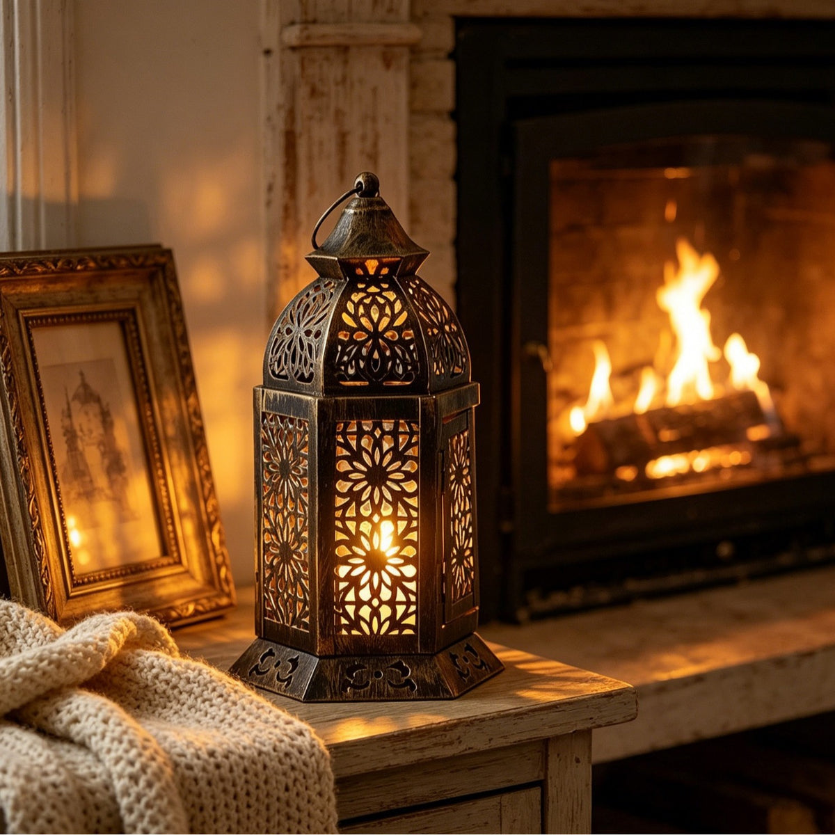 Moroccan Iron Candle Holder with Cutout Lantern Wind Lamp Handicraft Vintage Home Decor