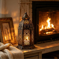 Moroccan Iron Candle Holder with Cutout Lantern Wind Lamp Handicraft Vintage Home Decor