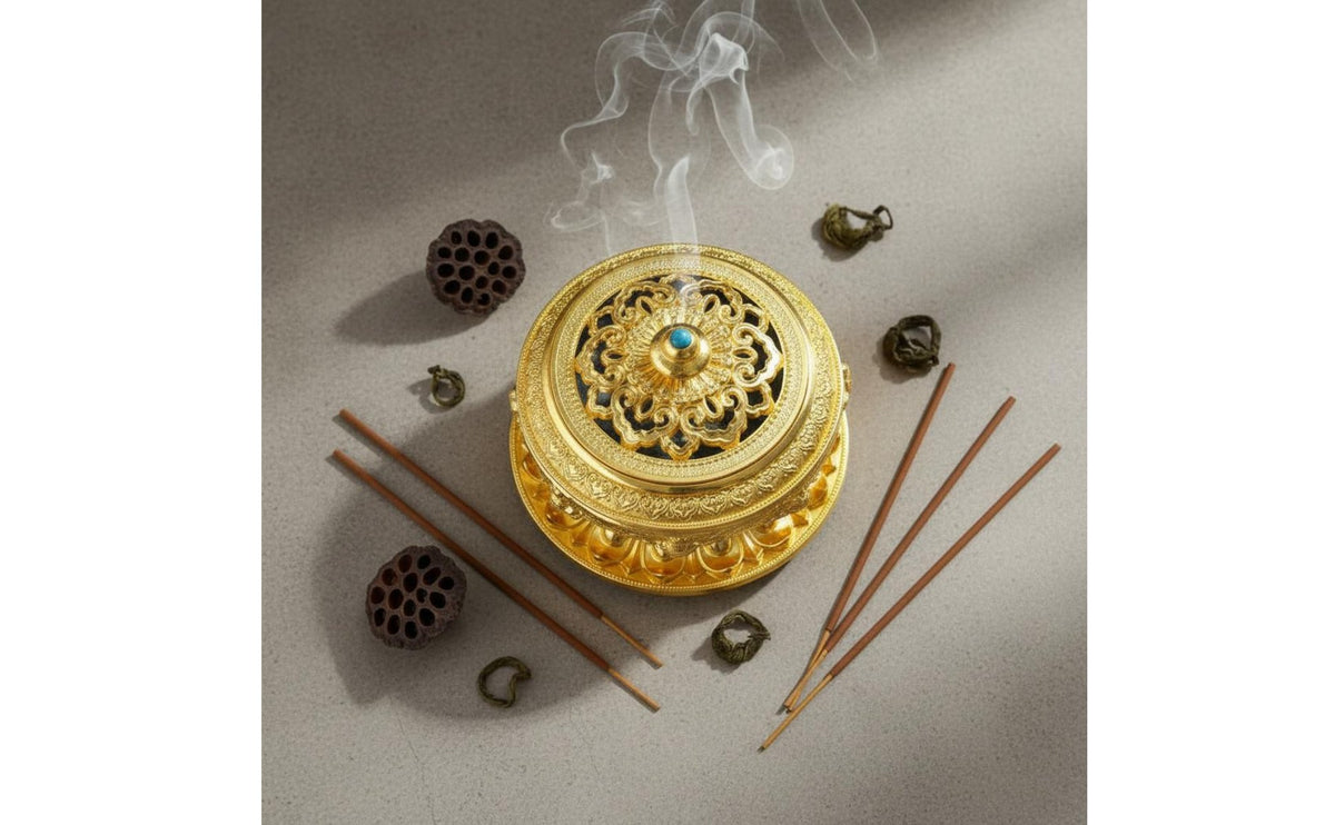 Alloy Burner Ornate Carvings Tibetan Design Aromatic Burner Lotus Base Censer Decorative Art Piece Metal Ash Catcher