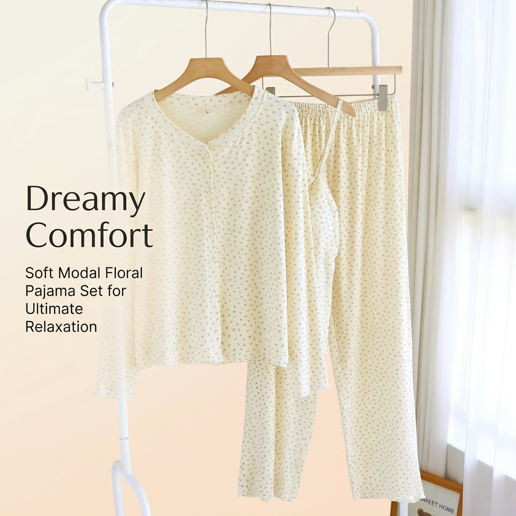 Womens Pyjamas Set Long Sleeve with Camisole for Bedroom and Lounge, 3 Piece Soft Modal Girls Leisure Wear, Breathable Nightwear