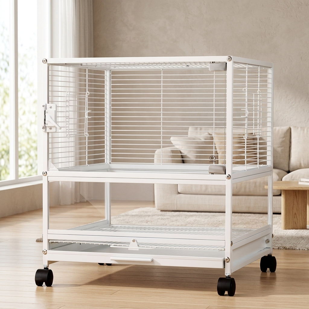 Stackable Bird Cage with Wheels, 2-Tier Metal Large Parrot Cage, Easy to Clean Panoramic Transparent Habitat for Universal Bird Species, 2 Doors