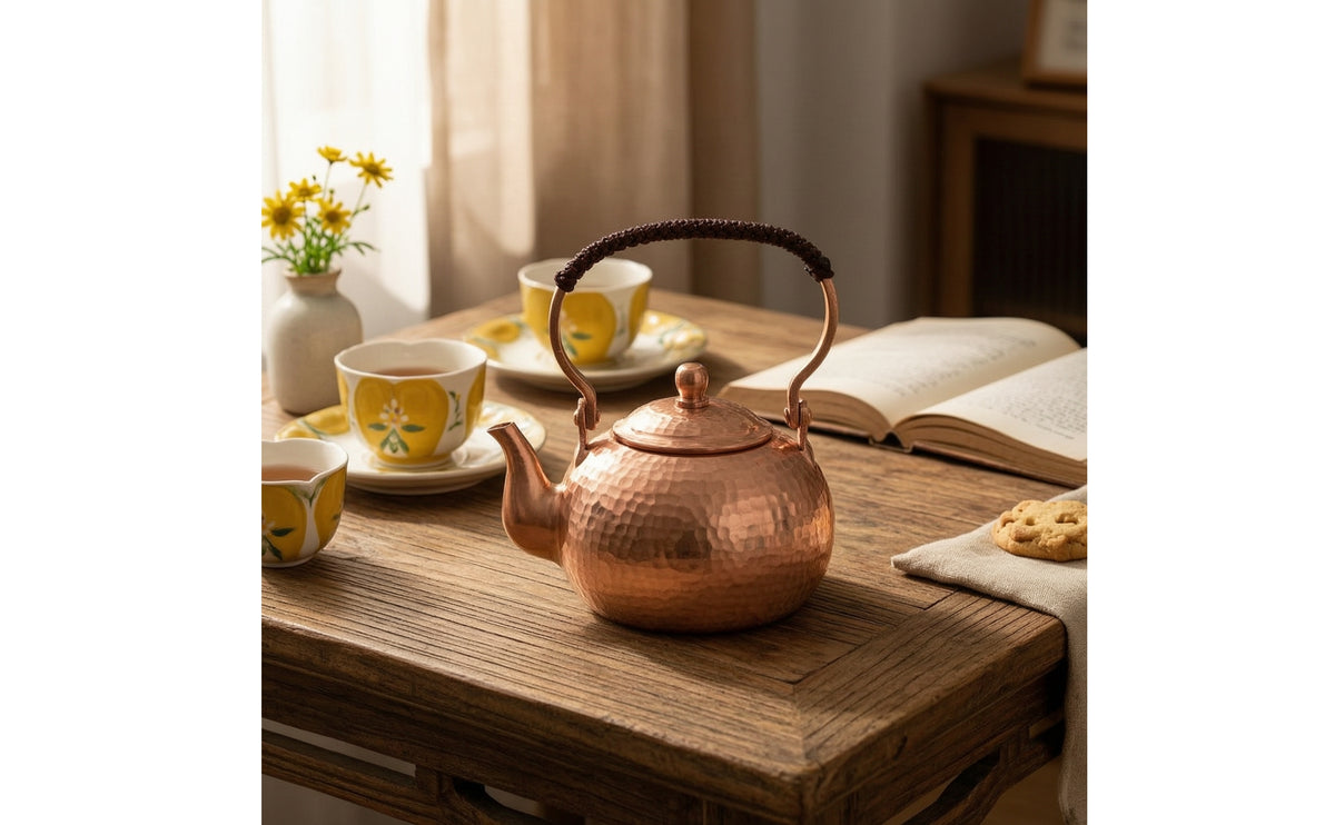 Hammered Copper Teapot Handcrafted Teapot with Woven Handle Tea Kettle for Collectors