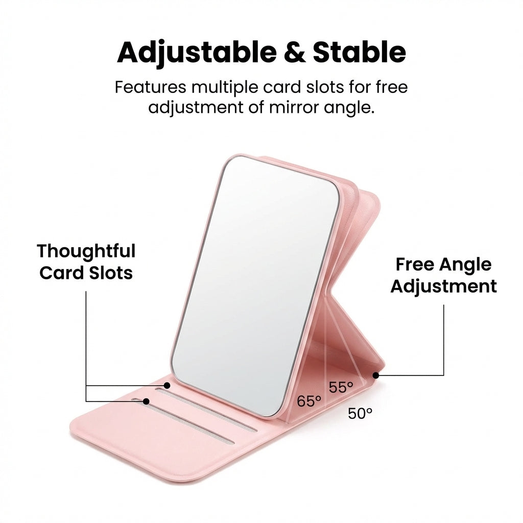 Folding Mirror for Travel Makeup, Portable Desktop Vanity with PU Leather, Lightweight Compact Rectangular for Girls
