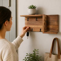 Key Board Wall Shelf made of Wood-Based Material, Modern Coat Rack with Hooks, Hallway Coat Rack for Entryway, Camel