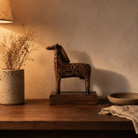Mottled Wood Base Horse Figurine Dark Brown Standing Horse Statue Carved Display Piece Glossy for Shelf, Desk