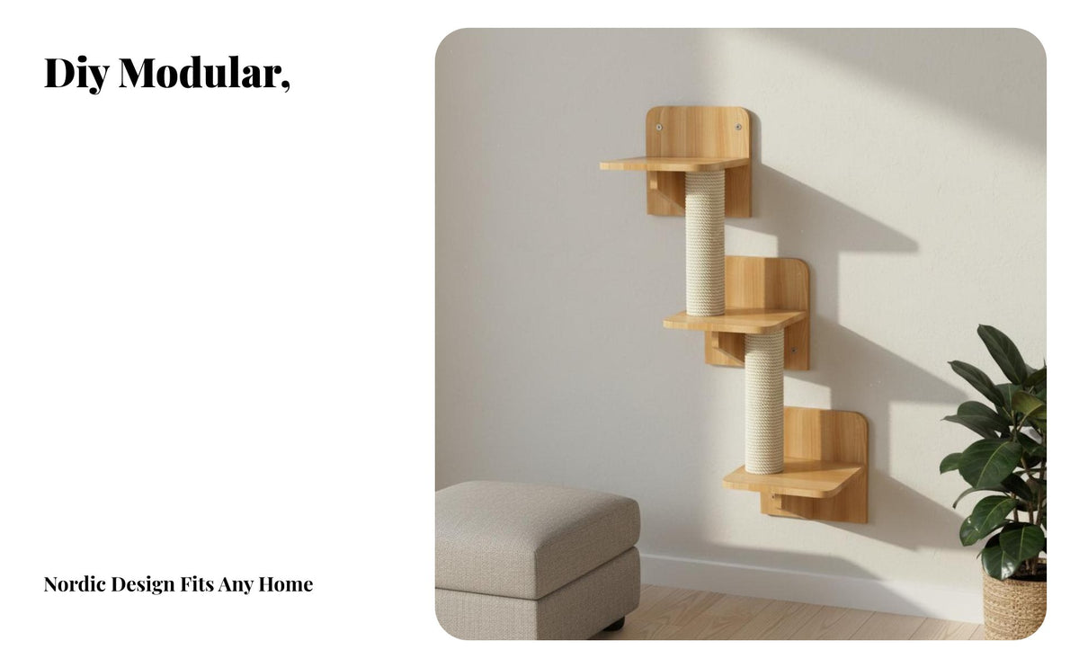 Solid Wood Wall-Mounted Cat Climbing Frame Space-Saving Wooden Cat Wall Furniture Multi-Level Design Kitty Climbing System Easy to Install for Apartment Dwellers, Pet Lovers, Apartments, Indoors, Living Room, Bedroom