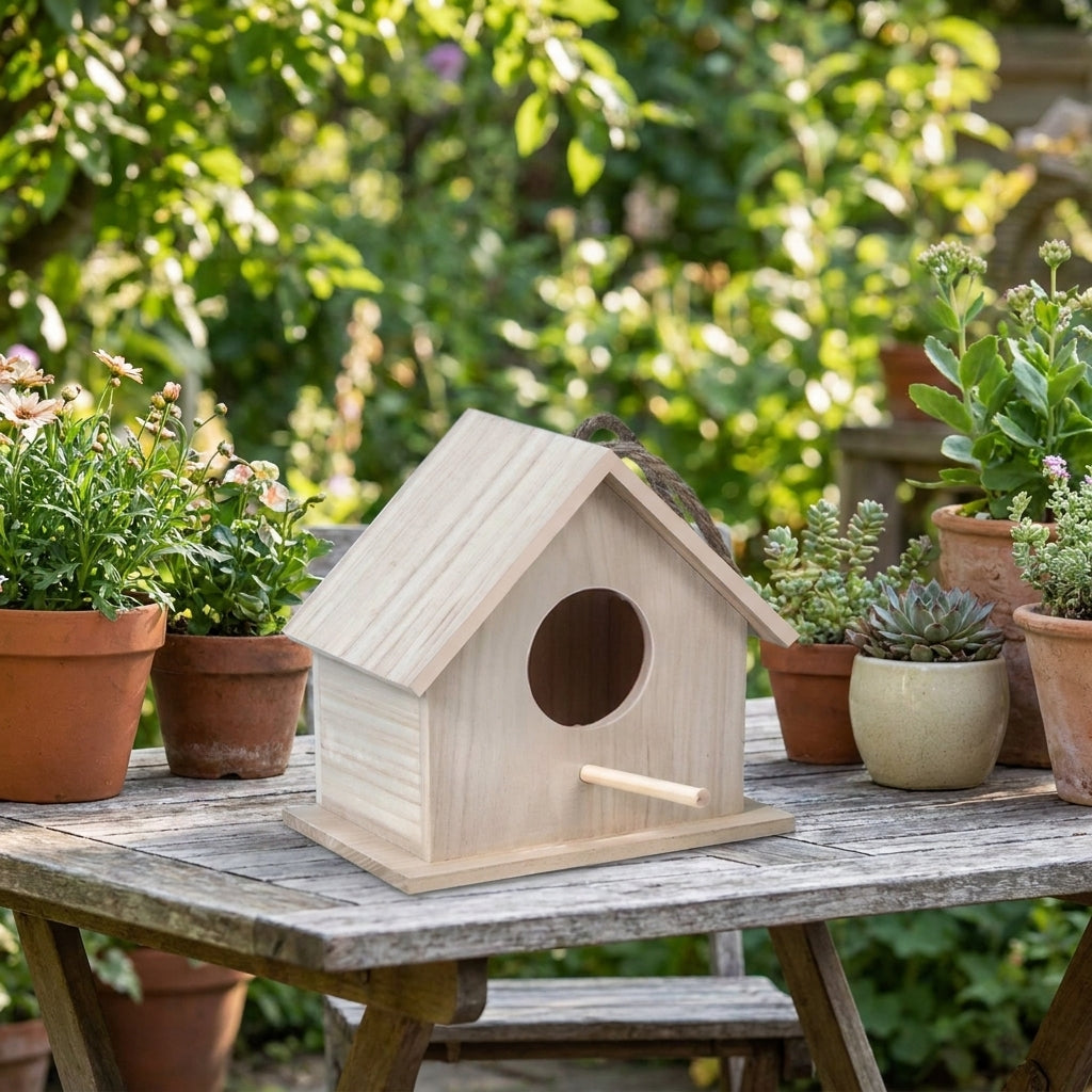Blue Pitched Roof Bird House and Bird Box, Wooden Parrot Breeding Box 29.5x15x15cm for Parakeet, Hanging Nesting Unit with Perch and Dispenser
