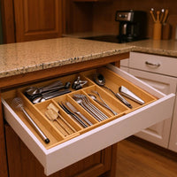 Expandable Bamboo Drawer Organizer Multi-Compartment Bamboo Utensil Drawer Insert Multipurpose Expandable Silverware Organizer for Kitchen
