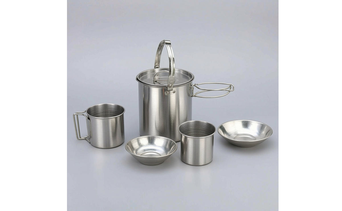 5 Pieces Portable Camping Cookware Set with Kettle Compact Stainless Steel Camping Set Space-Saving Mess Kit with Cups Lightweight for Campers, Backpackers, Hikers, Backpacking, Picnics