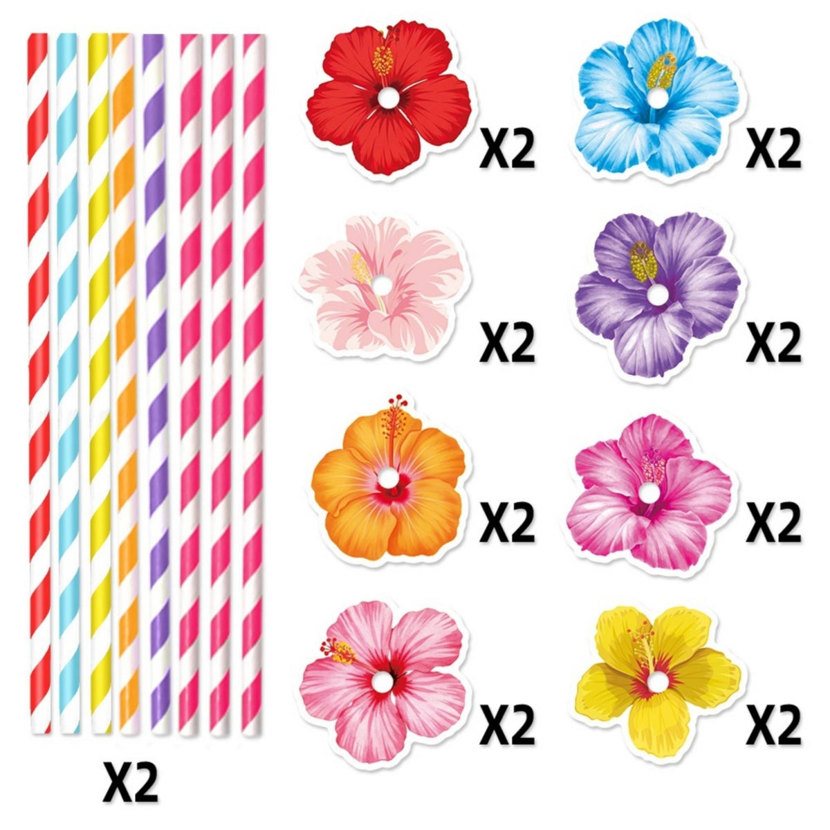 16 Pieces Tropical Flower Straw Topper Striped Luau Cake Decoration Bright