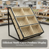 Adjustable Tilt Multi-Tier Fruit and Vegetable Rack Sturdy Metal Frame Multi-Tier Fruit Display Rack Versatile Use Slanted Vegetable Stand Solid Wood Baskets for Grocers, Farmers' Market Vendors, Shop Owners, Cafe