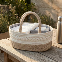 Braided Cotton Rope Basket Loop Handles Woven Storage Basket Striped Lining Neutral Tones