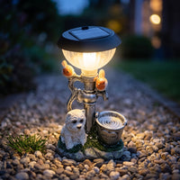 Welcome Dog Statue with Basin Automatic Dog Statue with Solar Light for Walkway