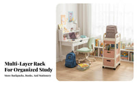 With Wheels School Bag Storage Cart Space Saving Multi-Tier Book Cart Large Capacity Mobile Bookshelf Easy to Assemble for Students, Kids, Study Room, Classroom, Bedroom