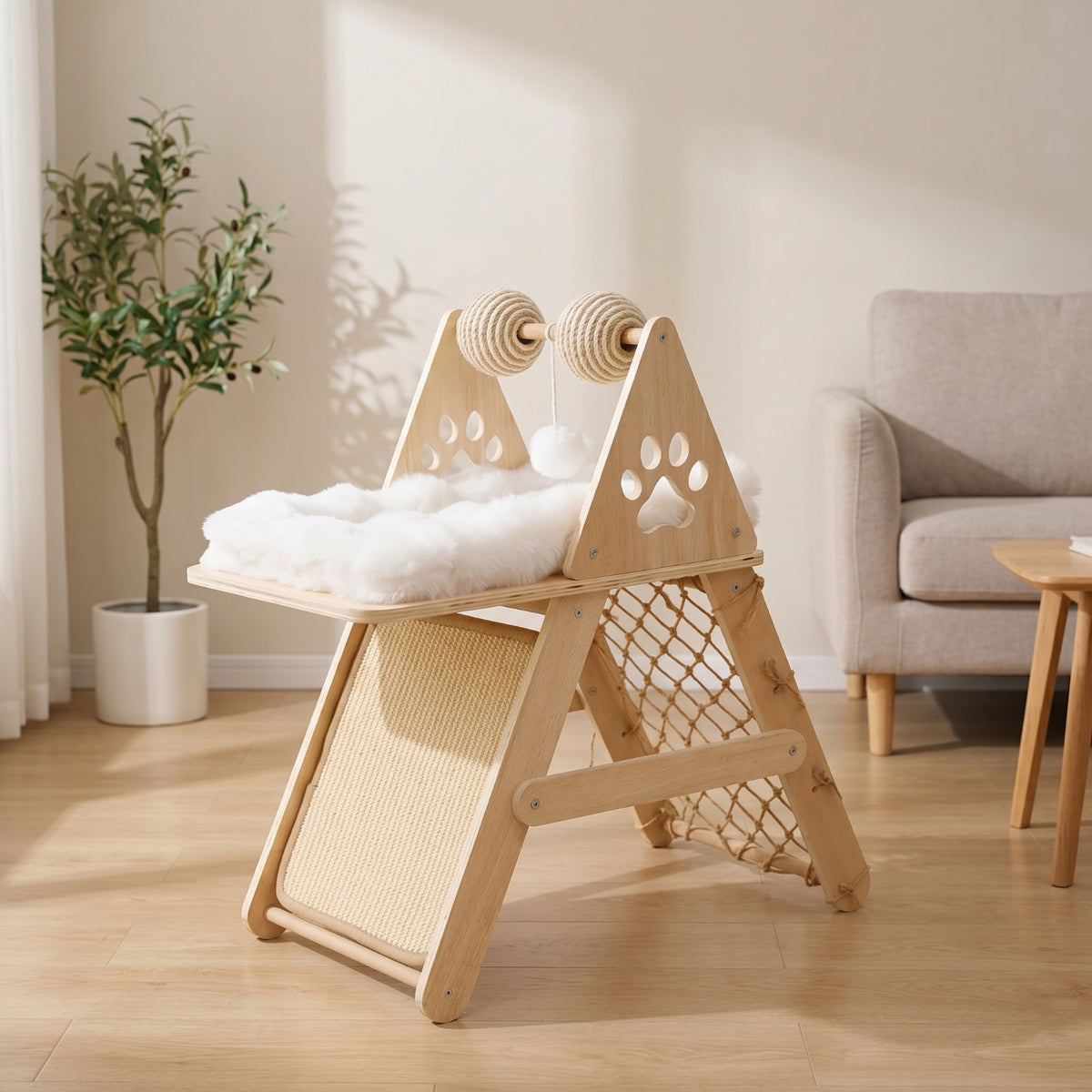 Wooden Cat Tree with Cushioned Perch Space-Saving Cat Climbing Frame Cozy Pet Furniture Soft for Kittens