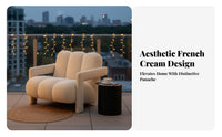 French Cream aesthetic Oversized Single-Person Sofa Modern Minimalist Upholstered Tub Chair Plush Fabric Indoor Seating Curved supportrest for Interior Design aficionados, Book Lovers, Living Room, book perusal alcove, Bedroom, Apartment