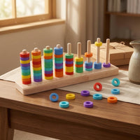 Counting Wooden Rainbow Loop Toss Toy Educational Wooden Stacking Rings Game Fine Motor Skills Rainbow Stacking Toy Hand-Eye Coordination