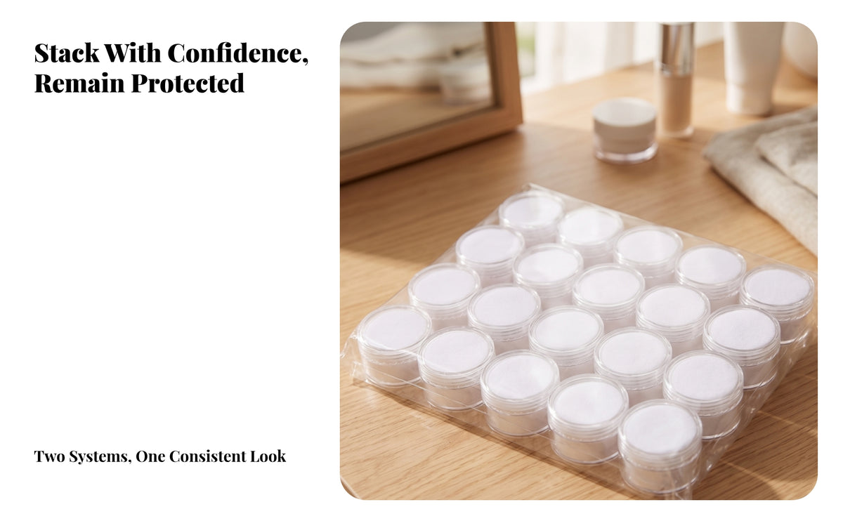 20 Pieces Cosmetic Storage Jars | Solid White Insert, Space-Saving Stackable Design, Cosmetic Jars with Lids, for Countertop Display