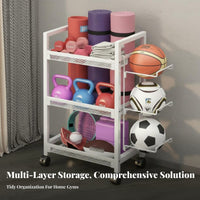 Lockable Wheels Home Gym Storage Rack Multi-Tier Design Rolling Workout Equipment Organizer Large Capacity Rolling Fitness Equipment Cart Includes Accessory Hooks