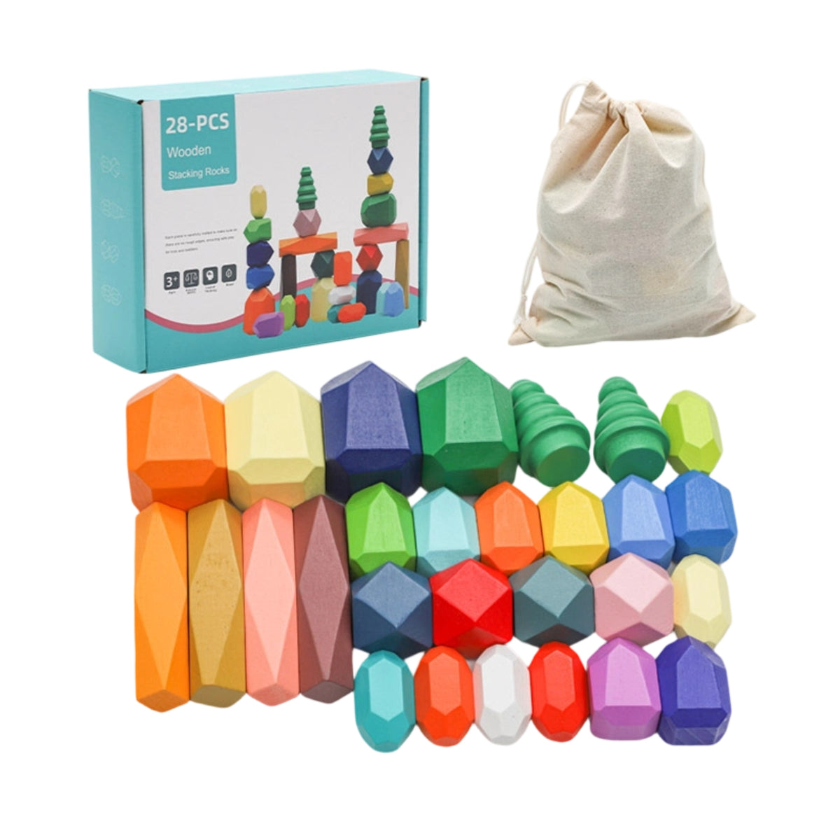 28 Pieces Wooden Stacking Rocks Faceted Wooden Balancing Stones Stacking Stones Smooth Toy Geometric for Toddlers, Playroom