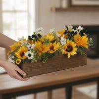 Helianthus Centerpiece with Wooden Planter Summer Floral Arrangement Decorative Decor for Shelf